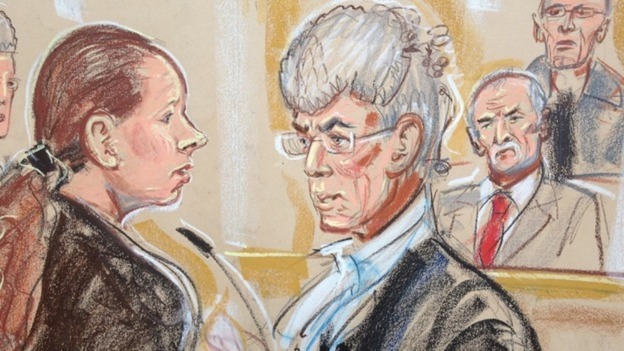 Court illustration of Mairead Philpott (L) and Mick Philpott (2nd from R) in court