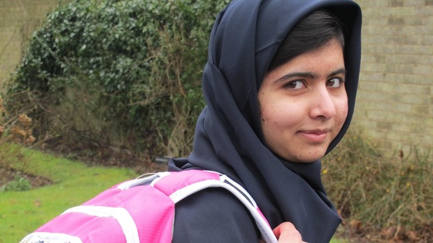 Malala Yousafzai with rucksack.