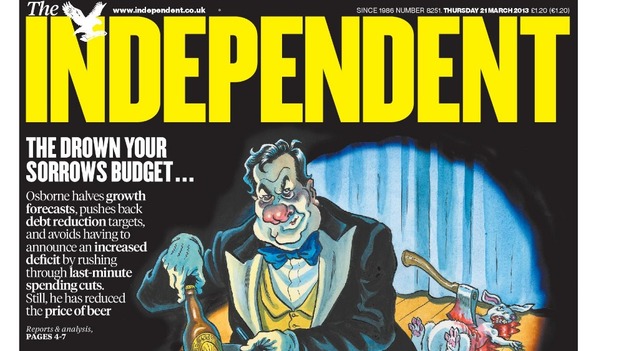 The Independent shows the Chancellor removing a bottle of beer from a top hat on the front page