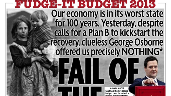 George Osborne's latest Budget is 'The Fail of the Century' on the front of the Mirror