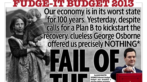 George Osborne's latest Budget is 'The Fail of the Century' on the front of the Mirror
