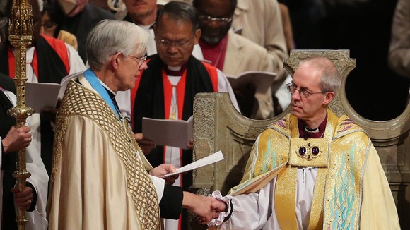 The Most Reverend Justin Welby sits in the Chair of St Augustine during his enthronement ceremony.