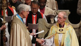The Most Reverend Justin Welby sits in the Chair of St Augustine during his enthronement ceremony.