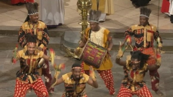Dancers sing the African hymn 'Gbeh Kpa Kpa Ba' - or 'A New Beginning'