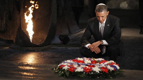 President Barack Obama lays a wreath at the Hall of Remembrance during his visit to the Yad Vashem Holocaust Memorial in Jerusalem