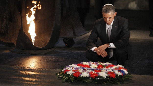 President Barack Obama lays a wreath at the Hall of Remembrance during his visit to the Yad Vashem Holocaust Memorial in Jerusalem