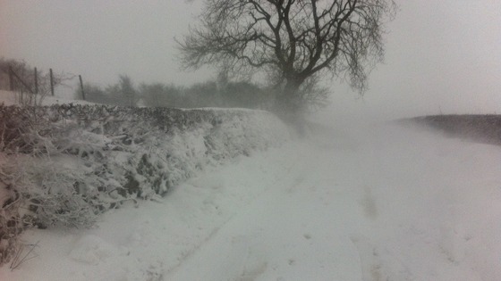 Rural road blocked by snow