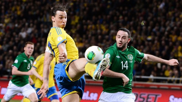 Sweden's Zlatan Ibrahimovic and Republic of Ireland's Marc Wilson in Stockholm