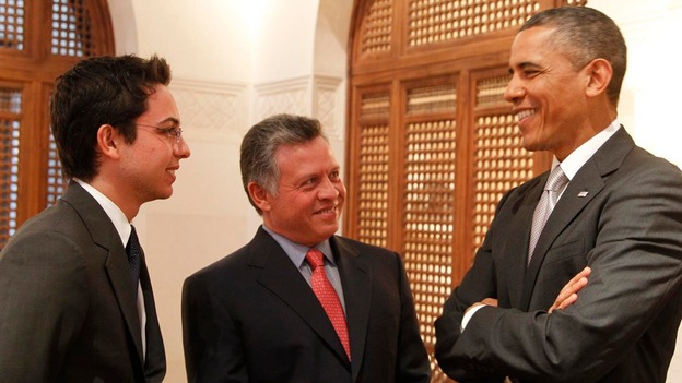 Barack Obama chats with Jordan's King Abdullah and his son Crown Prince Hussein