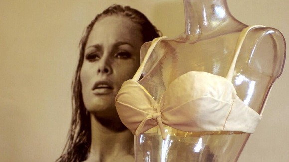 The white bikini worn by Ursula Andress in the 1962 James Bond film Dr No during a Christie's sale preview at Stoke Park Club in 2001.