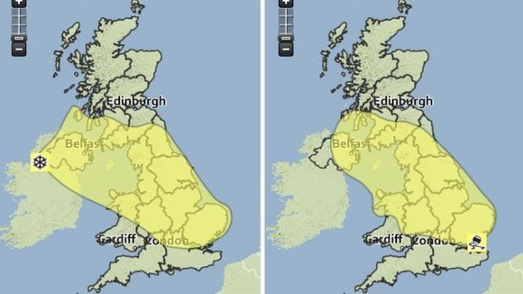 The Met Office weather warnings maps for today (left) and Sunday (right).