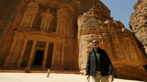 President Barack Obama stops to gaze at the Treasury in Petra.