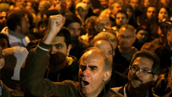 Thousands of bank employees protest outside the parliament in Nicosia today.