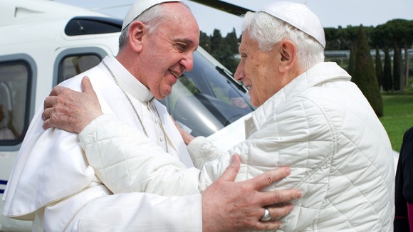 Pope Francis meets his predecessor Pope Emeritus Benedict XVI.