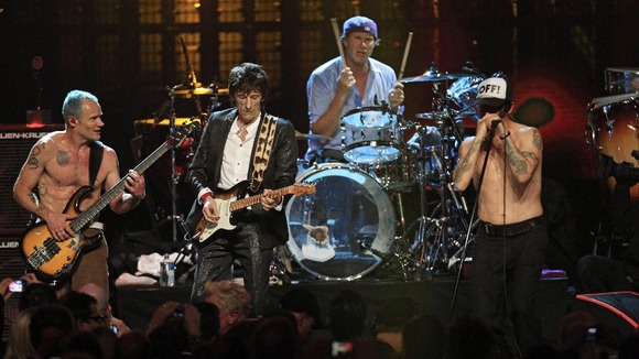 Mike "Flea" Balazary, Ronnie Wood, Chad Smith and Anthony Kiedis perform in the finale to the 2012 Rock and Roll Hall of Fame inductions.