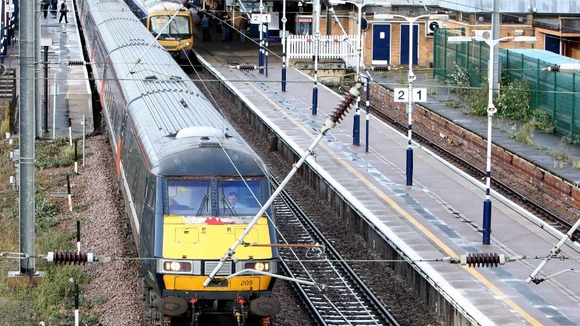 East Coast Main Line train pulls out of Peterborough Train Station