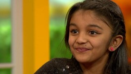 Thusha Kamaleswaran, the youngest ever victim of gang violence in the UK, on the Daybreak sofa. 