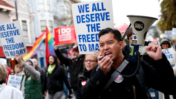 Same-sex marriage supporters take part in a march in support of gay marriage in San Francisco