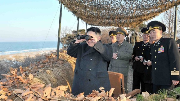 Kim Jong-un inspects a military training drill on the border with South Korea.