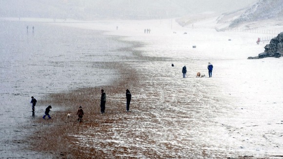 A snow covered Tynemouth beach in Tyne and Wear, March 2008