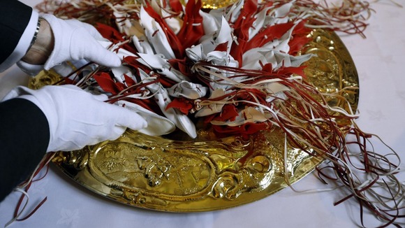 The bags of Maundy money before they were handed out by the Queen