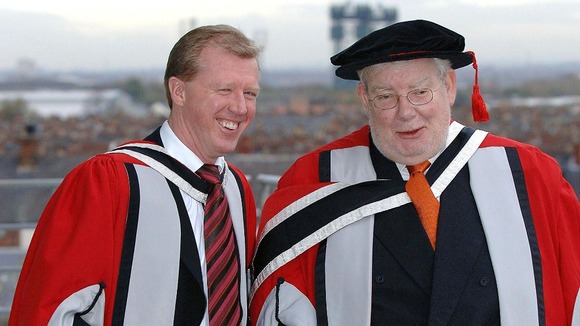 England football manager Steve McClaren (L) and Richard Griffiths receive honorary degrees at the University of Teeside