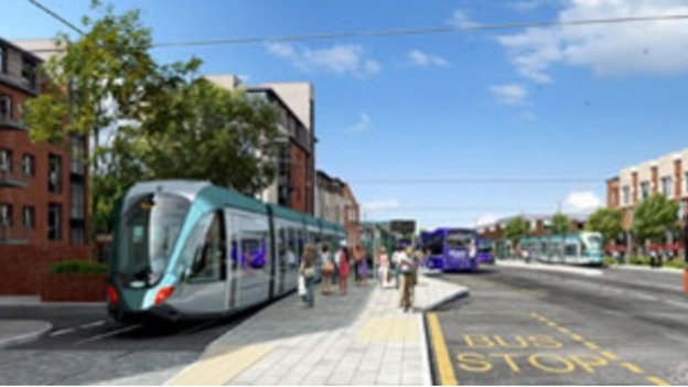 A computer generated image of the tram stop in Beeston town centre
