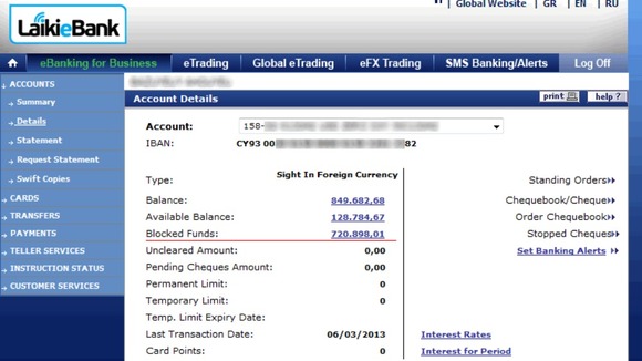 A picture posted online claims to show over €700,000 'blocked' in a Cyprus bank account