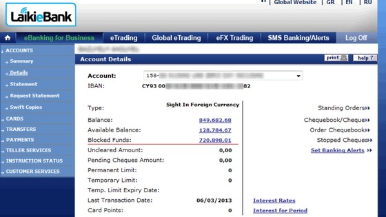 A picture posted online claims to show over €700,000 'blocked' in a Cyprus bank account