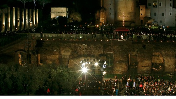 Pope Francis leads the Via Crucis (Way of the Cross) in front of huge crowds at the Colosseum in Rome