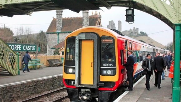 A diesel train at Corfe Castle station
