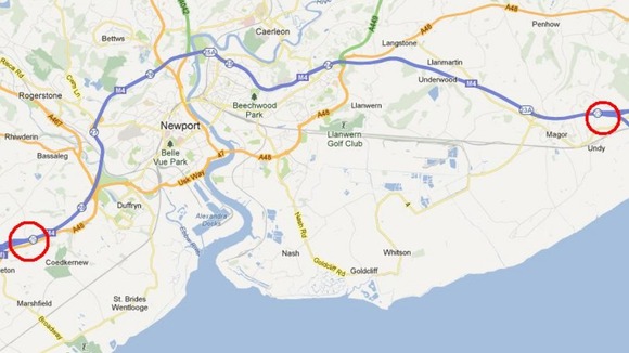 Map showing the section of the M4 between junctions 23 and 39 near Newport in South Wales