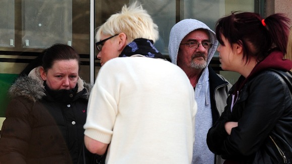 Jimmy Duffy (second right), the father of Mairead Philpott, and daughter Bernadette (left), outside Nottingham Crown Court.
