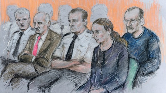 A court sketch depicts Mick Philpott (second left) and wife Mairead (second right) with Paul Mosley (right).