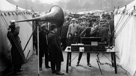 Broadcasting the news during the General Strike of 1926, at a government centre for the maintenance of essential services
