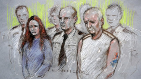 Artist impression by courts artist Elizabeth Cook of Mick Philpott and his wife Mairead appearing at Nottingham Crown