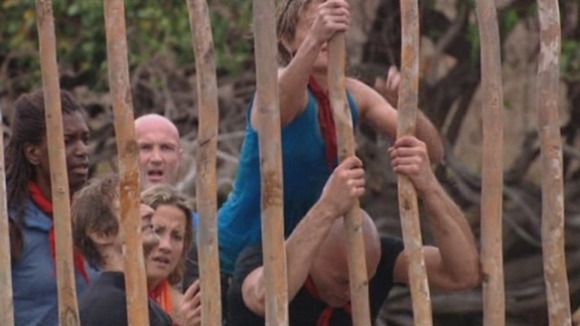 Contestants compete in a challenge on the French reality TV show Koh Lanta