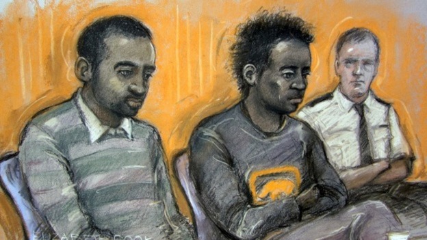 Court drawing of Kevin Liverpool (left) and Junior Bradshaw in court