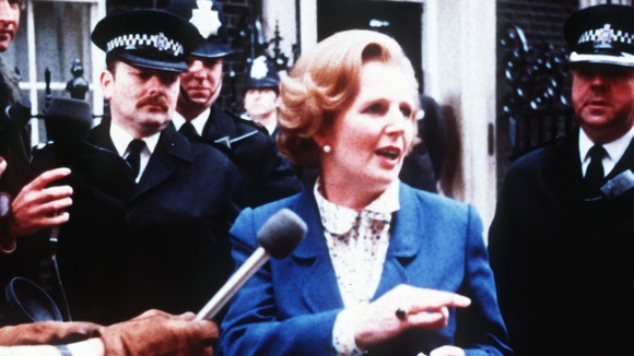 Prime Minister Margaret Thatcher arriving at 10 Downing Street in London after winning the general election