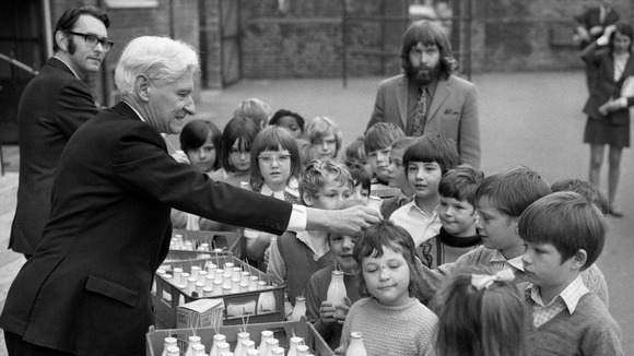 Free milk being handed out to pupils at Woodhill Junior Mixed School in Woolwich