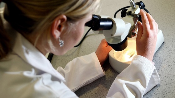 Woman looking through microscope