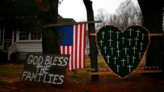 Tributes left to the victims of the shooting at Sandy Hook Elementary School in Newtown, Connecticut