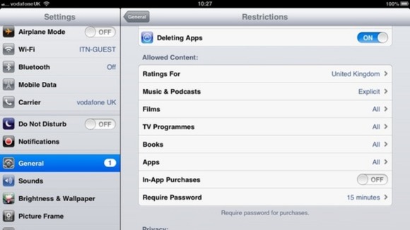 Screenshot of iPad settings