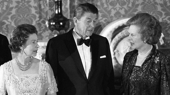 The Queen, Ronald Reagan and Margaret Thatcher pictured at Buckingham Palace in 1984.