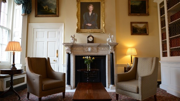 A portrait of Margaret Thatcher hangs in the study at Number 10 Downing Street.