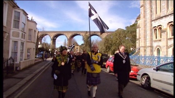 Marching for St Pirans day wearing Cornish tartan