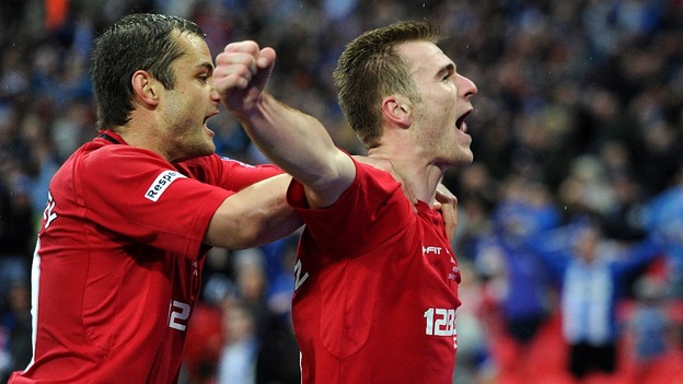 Wigan goalscorers Shaun Maloney (l) and Callum McManaman