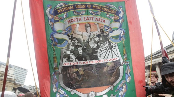 A banner for the National Union of Mineworkers, which led the 1984-85 strikes against Margaret Thatcher.