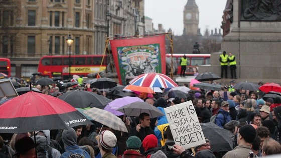 People attend a Thatcher's dead 'party' ,organised via Facebook, in Trafalgar Square.