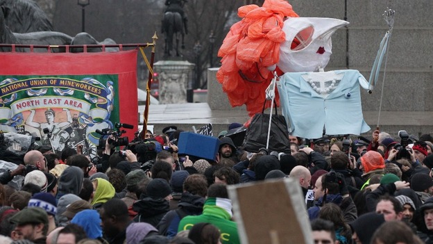 An effigy of former Prime Minister Margaret Thatcher made its way through the crowd.